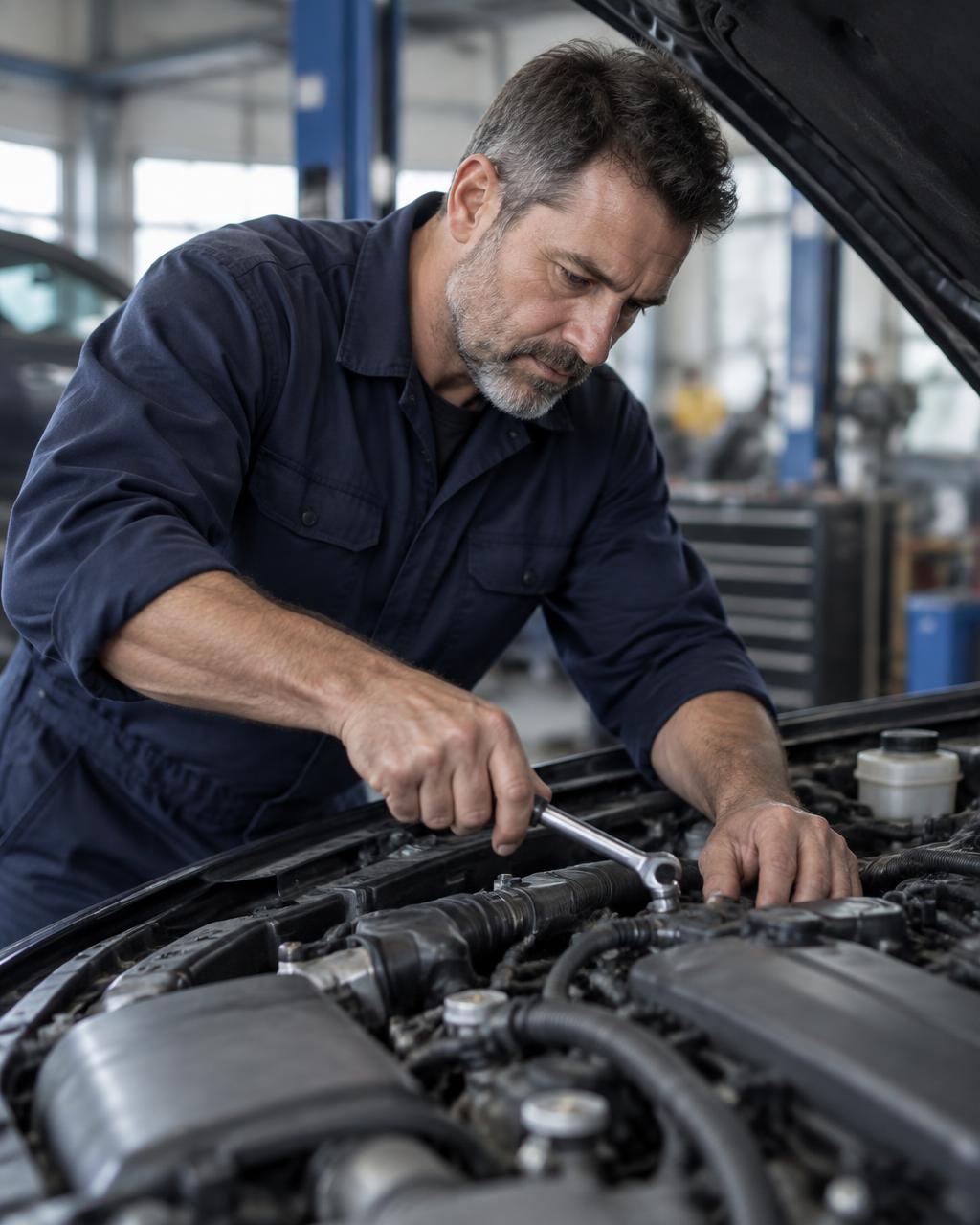 Mechanik kontroluje motor vozidla